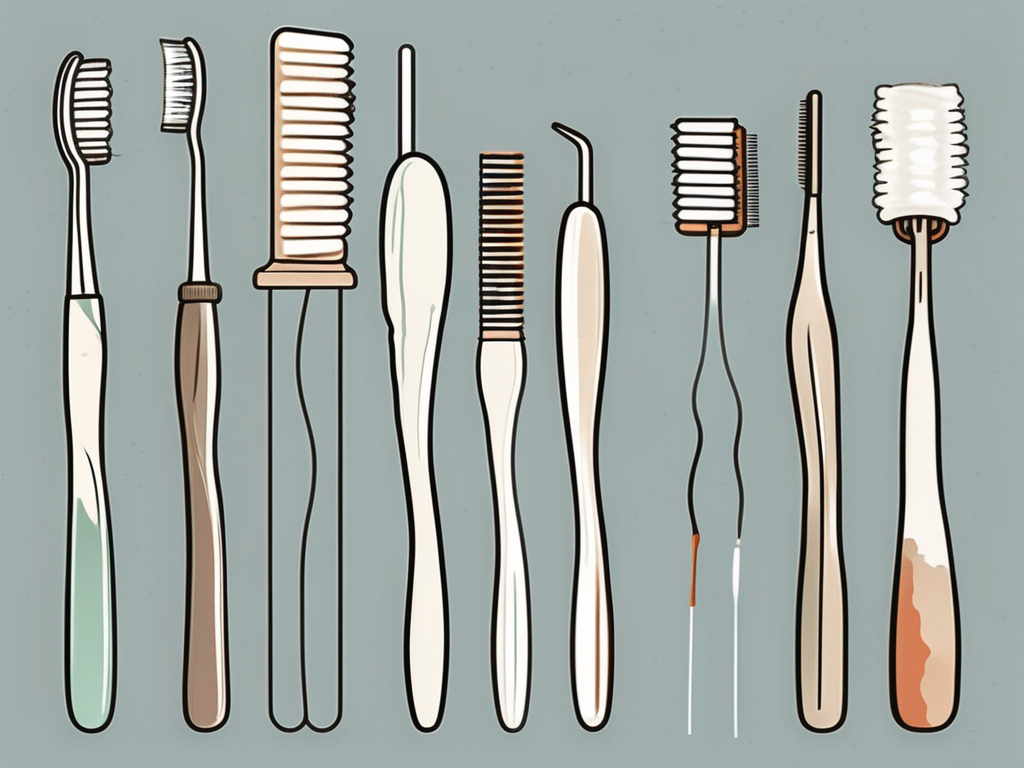 A set of teeth showing various stages of discoloration and the tools used for dental treatments like toothbrush