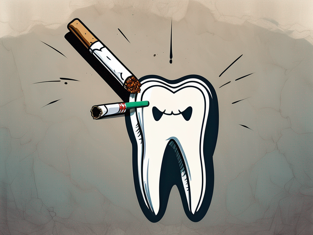 A cigarette in the foreground with a healthy tooth on one side and a damaged